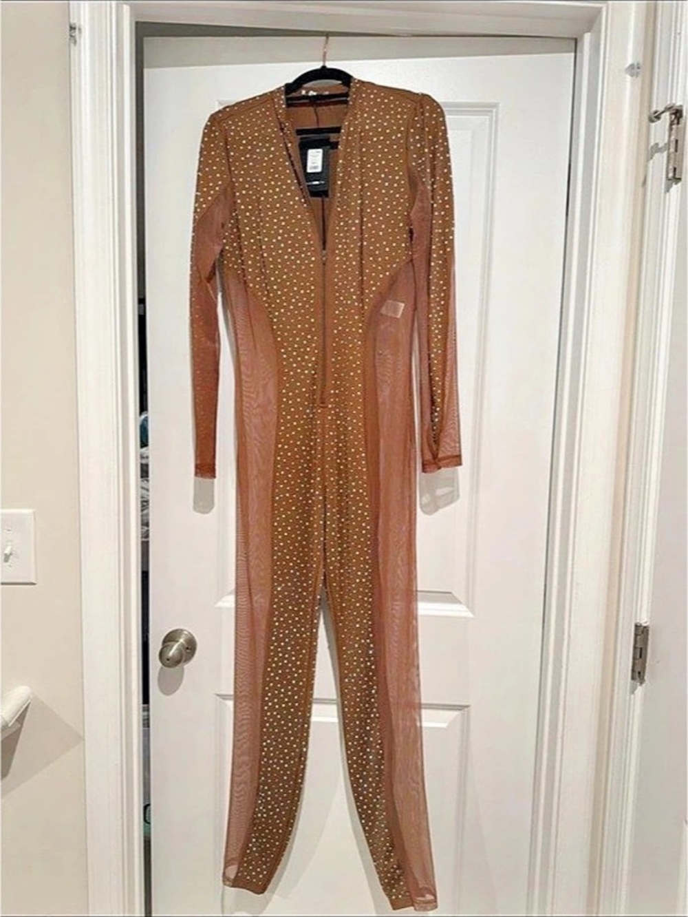 Fashion Nova Midnight Chocolate Brown Rhinestone Mesh Jumpsuit Medium